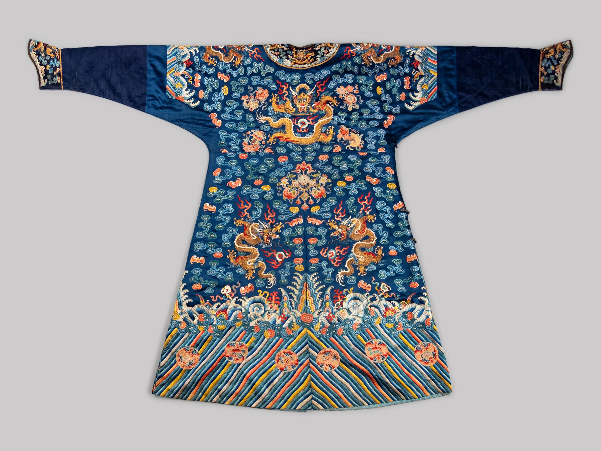 A Blue Ground Embroidered Silk Dragon Robe, Jifu