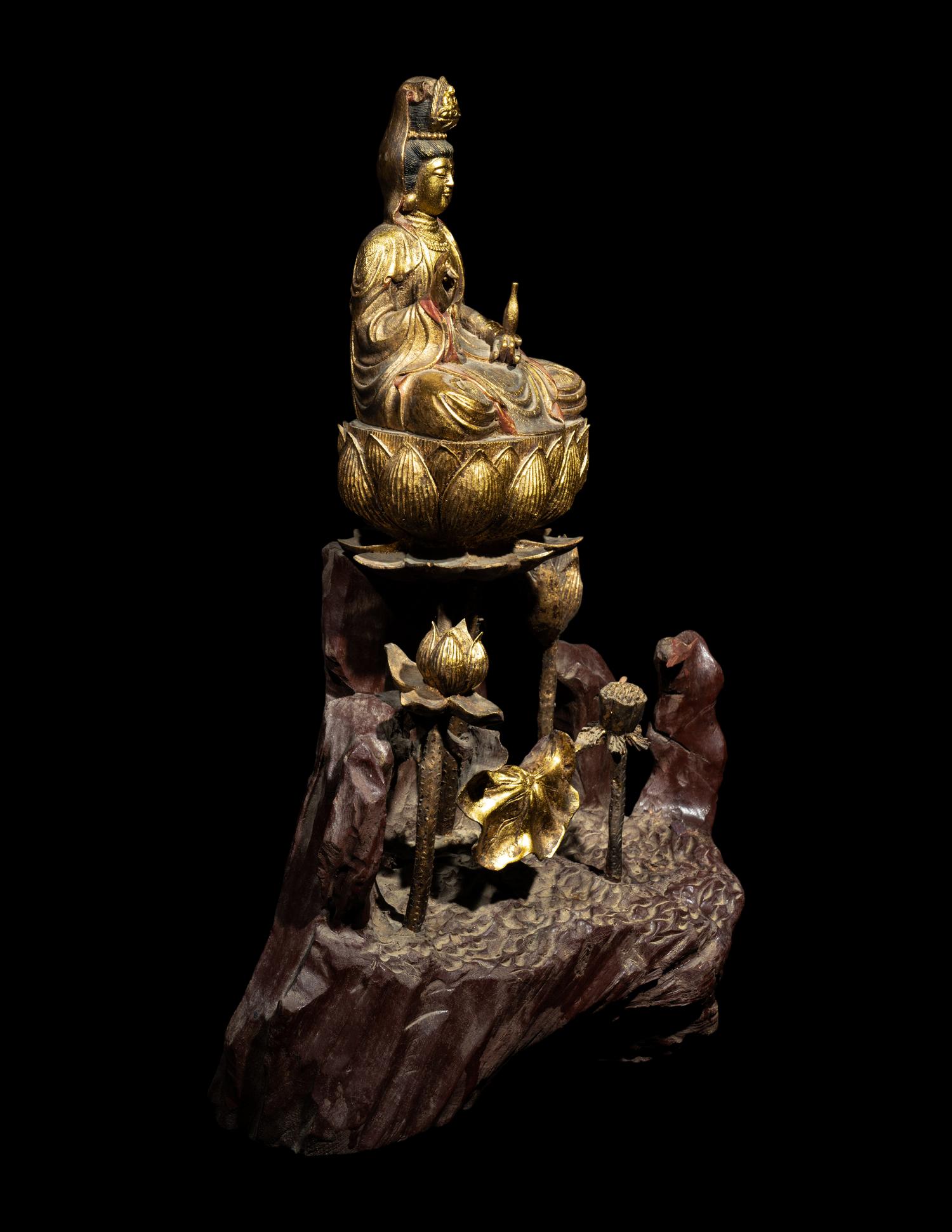 A Chinese Red and Gilt Lacquered Wood Figure of Guanyin