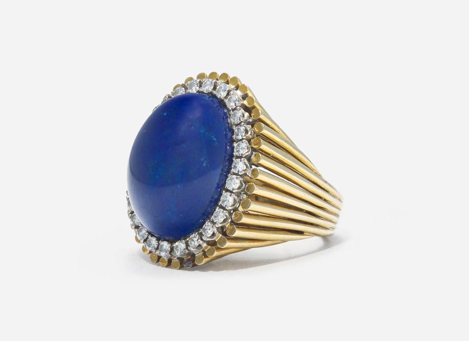 An 18K Yellow Gold, Lapis Lazuli, and Diamond Cocktail Ring