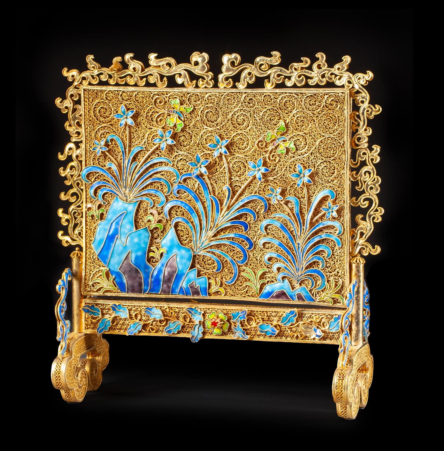 A Chinese Silver Filigree and Enameled Table Screen Height 9 x width 8 1/2 x depth 3 inches.