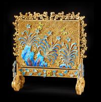 A Chinese Silver Filigree and Enameled Table Screen Height 9 x width 8 1/2 x depth 3 inches.