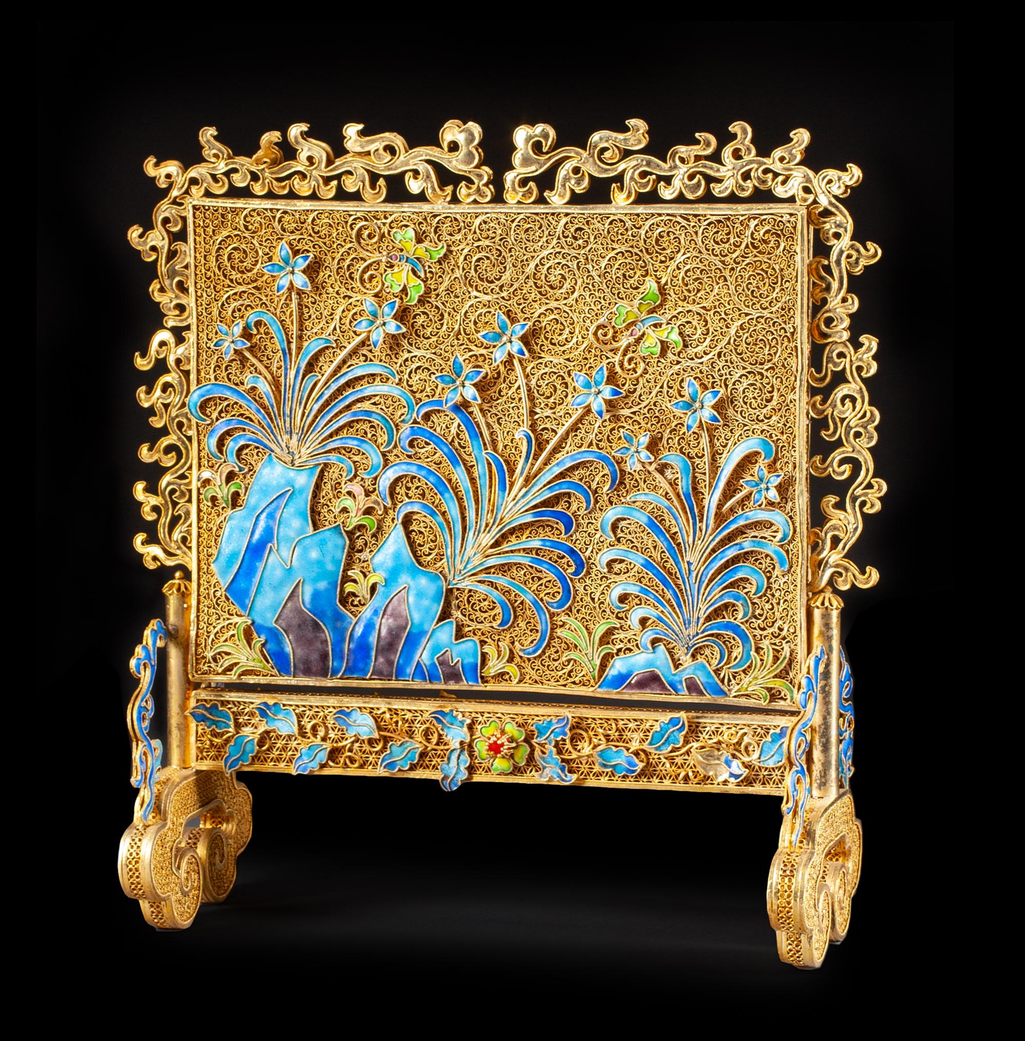 A Chinese Silver Filigree and Enameled Table Screen Height 9 x width 8 1/2 x depth 3 inches.