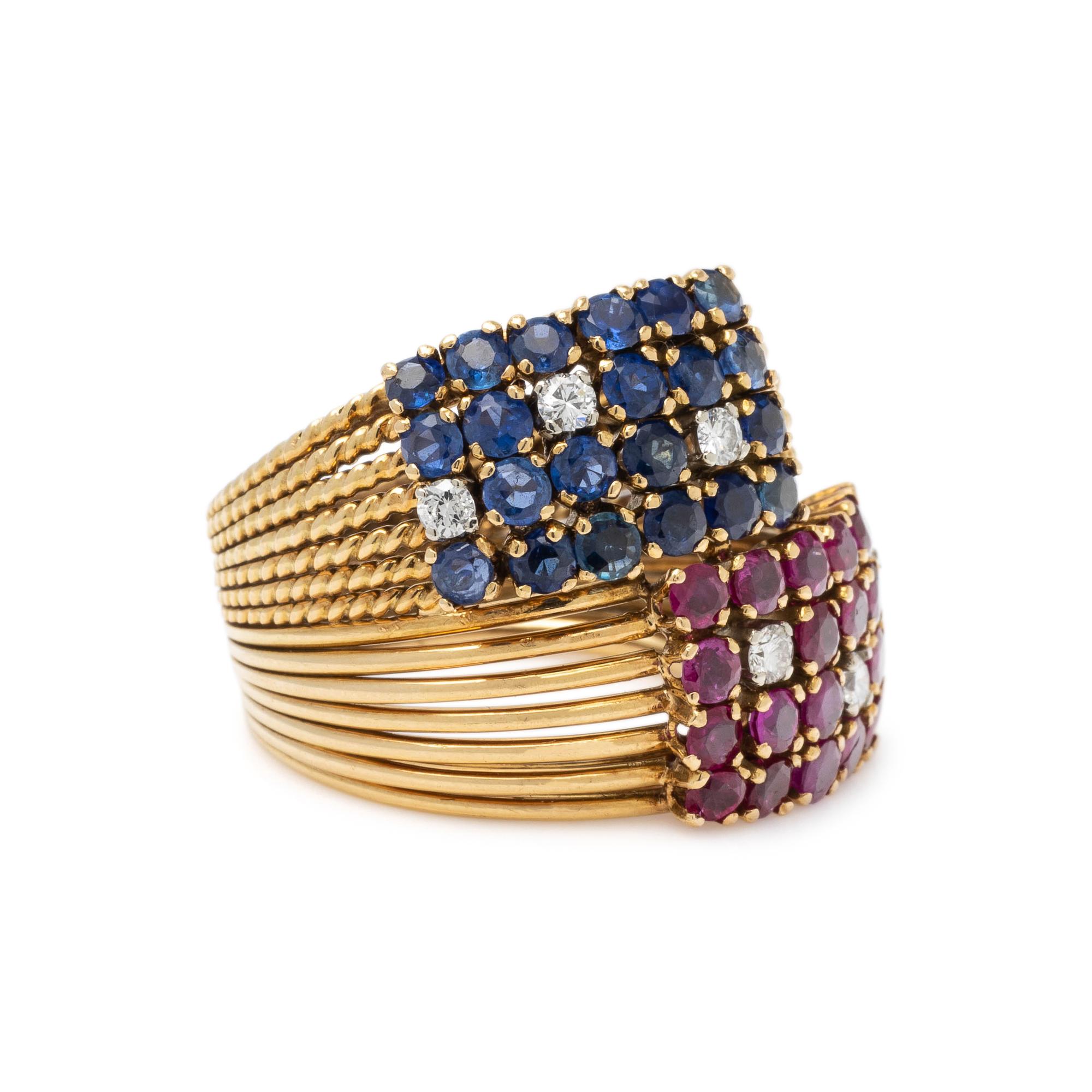 YELLOW GOLD, RUBY, SAPPHIRE AND DIAMOND RING