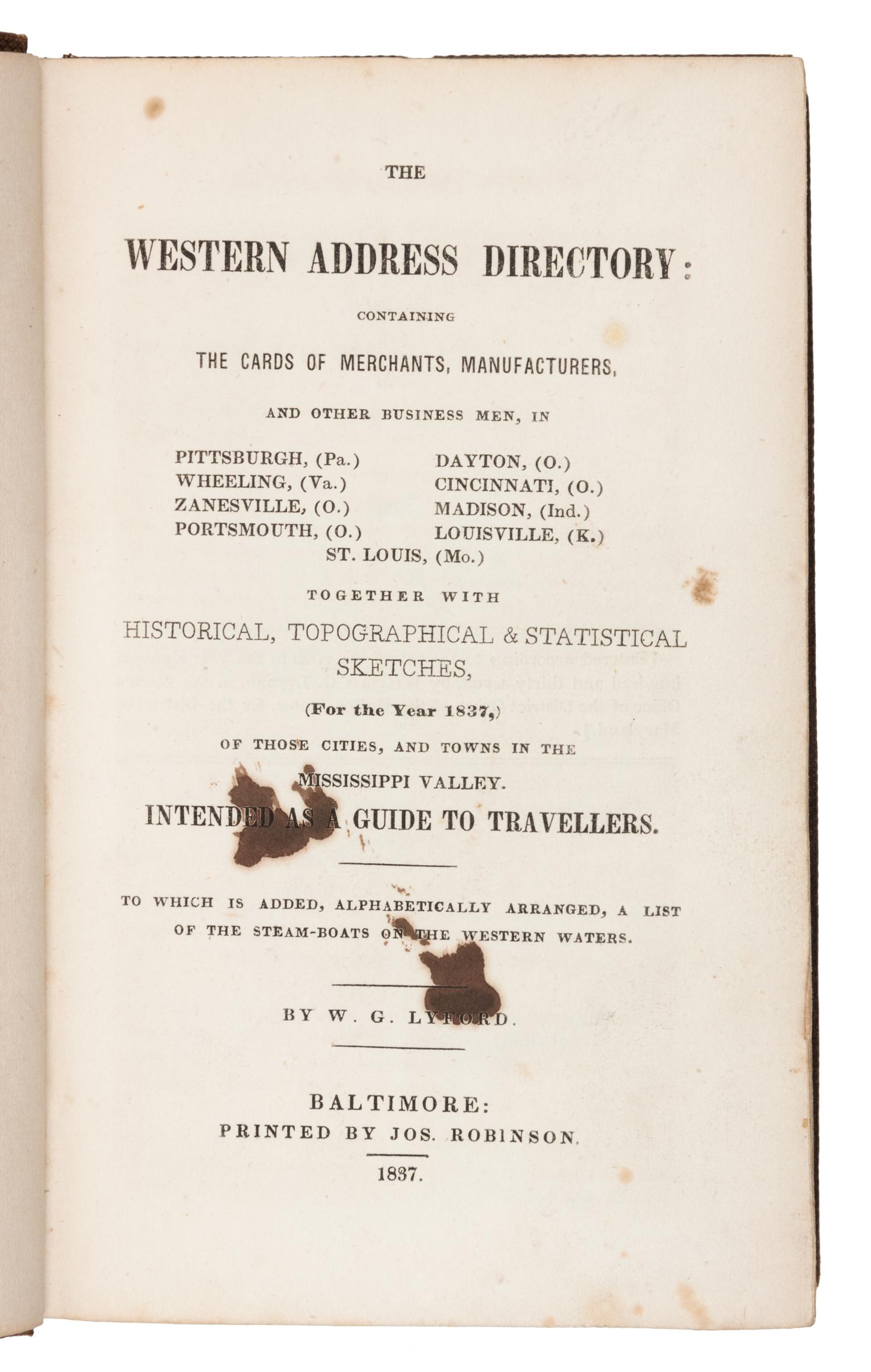 LYFORD, William Gilman (1784-1852). The Western Address Directory. Baltimore: Jos. Robinson, 1837.