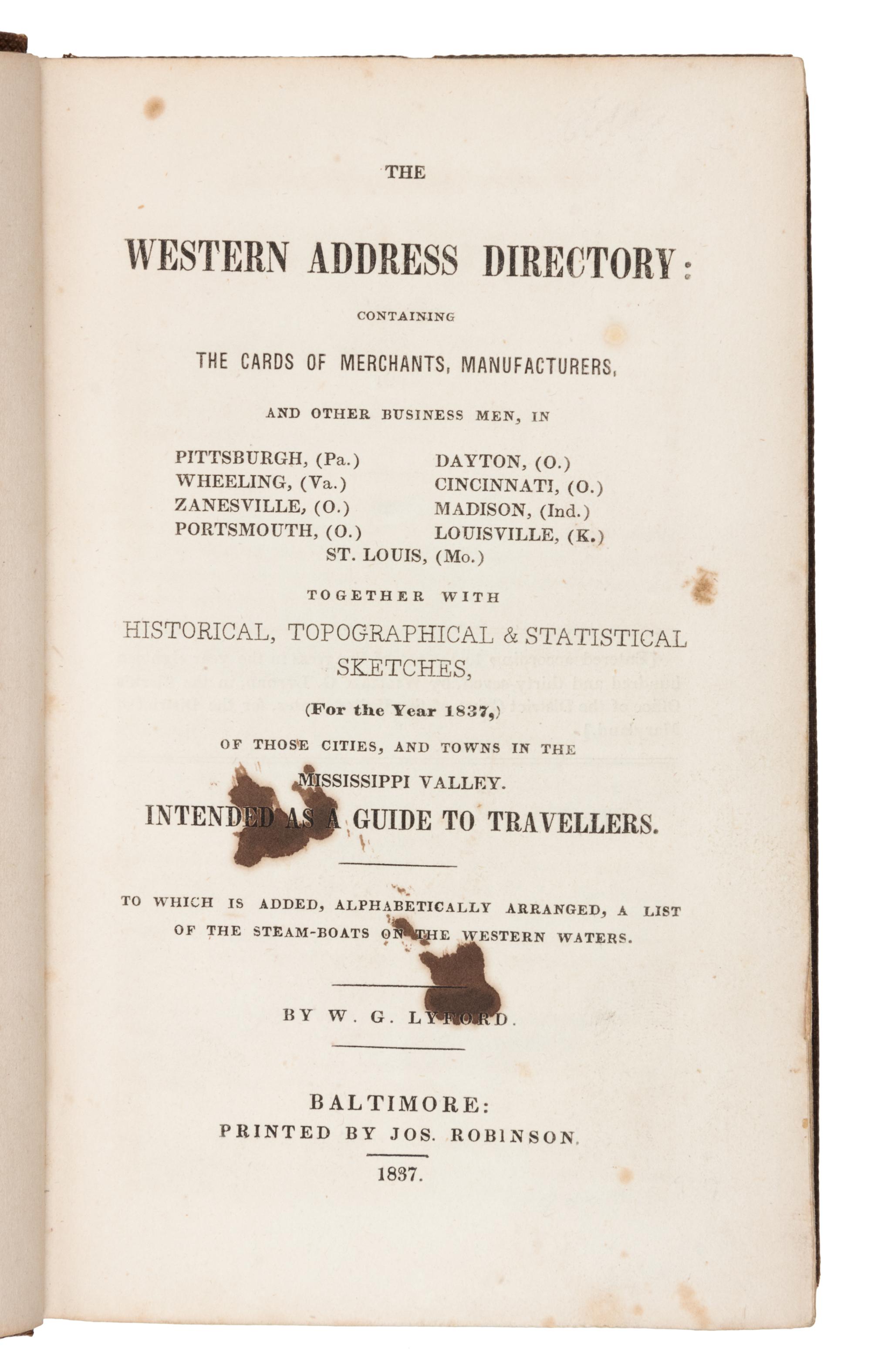 LYFORD, William Gilman (1784-1852). The Western Address Directory. Baltimore: Jos. Robinson, 1837.