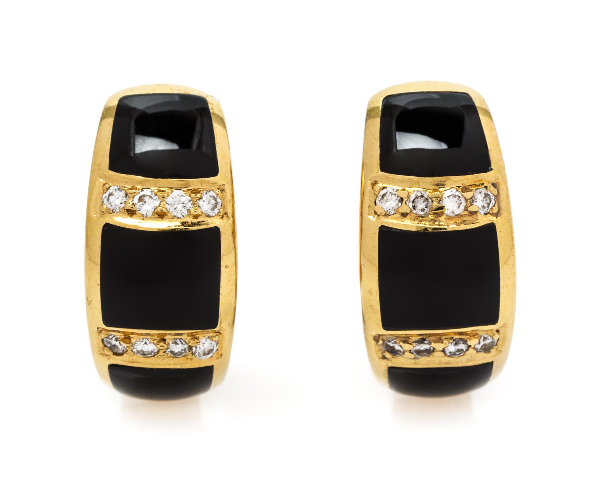 A Pair of 18 Karat Yellow Gold, Diamond and Onyx Earclips, 8.20 dwts.