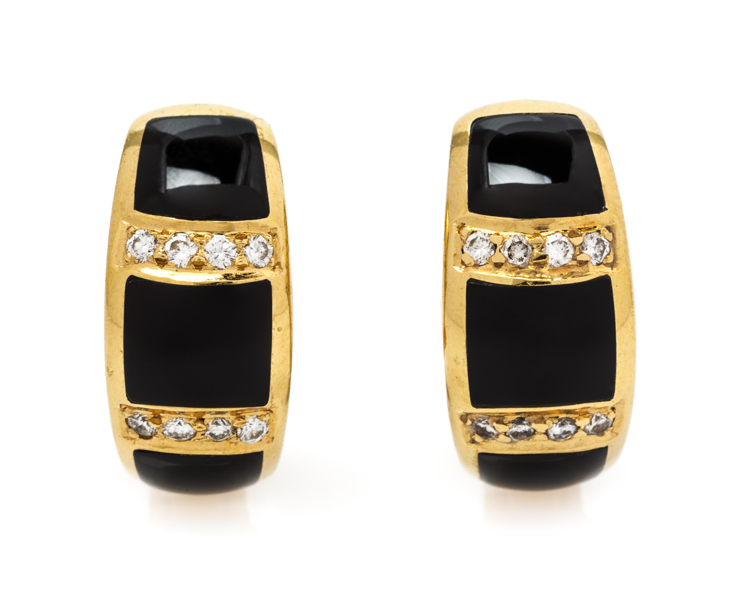 A Pair of 18 Karat Yellow Gold, Diamond and Onyx Earclips, 8.20 dwts.