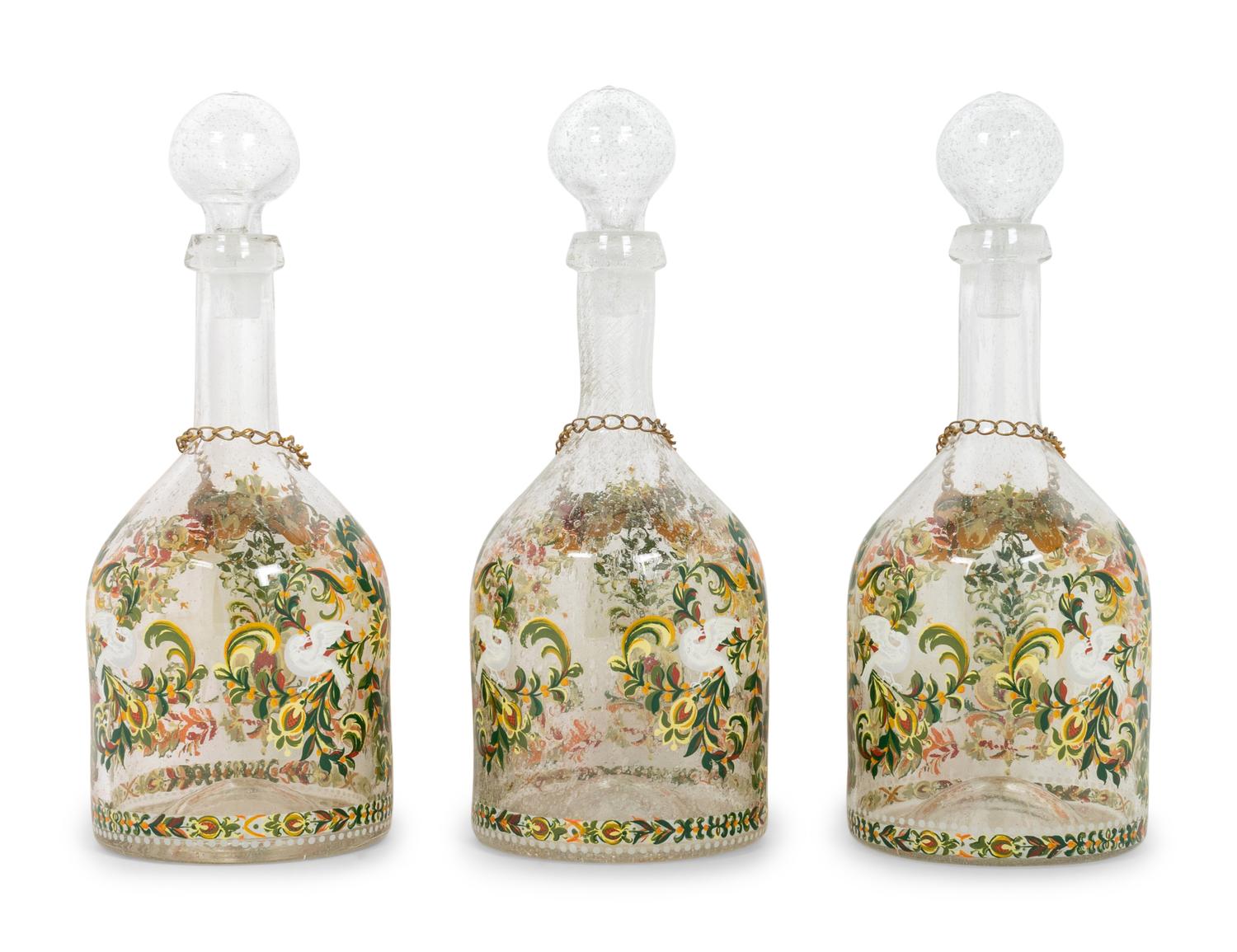 Three German Enameled Glass Decanters