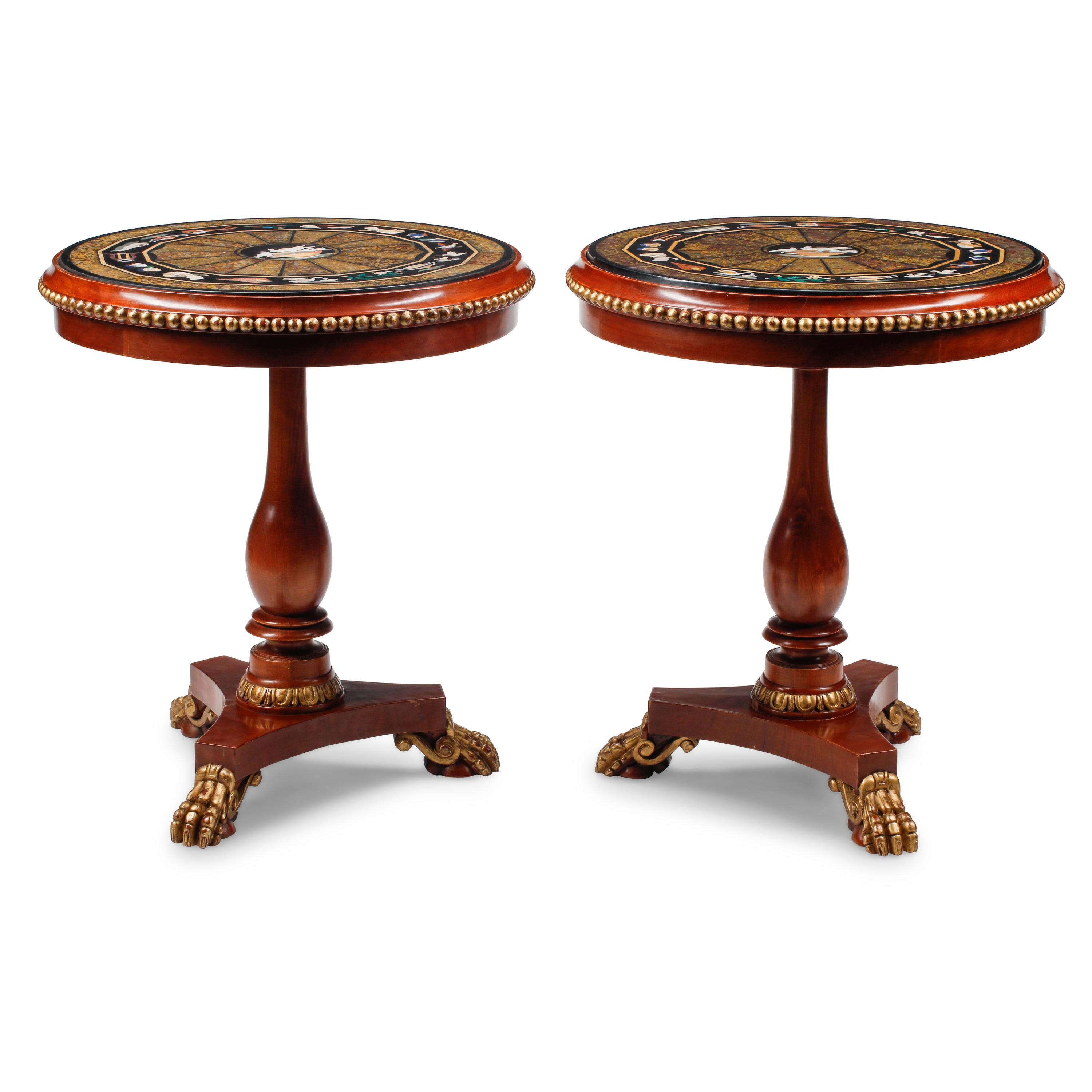 A Pair of Regency Style Pietra Dura, Mahogany and Parcel Gilt Side Tables