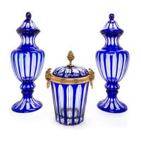 A Continental Cobalt Cut to Clear Glass Garniture Height of tallest 23 inches.