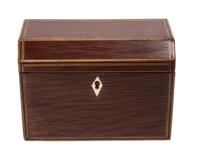 A Georgian Cross-Banded Mahogany Tea Caddy Height 5 1/2 x width 7 1/4 x depth 4 1/4 inches.