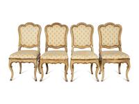 A Set of Four Venetian Rococo Cream-Painted and Parcel Gilt Dining Chairs