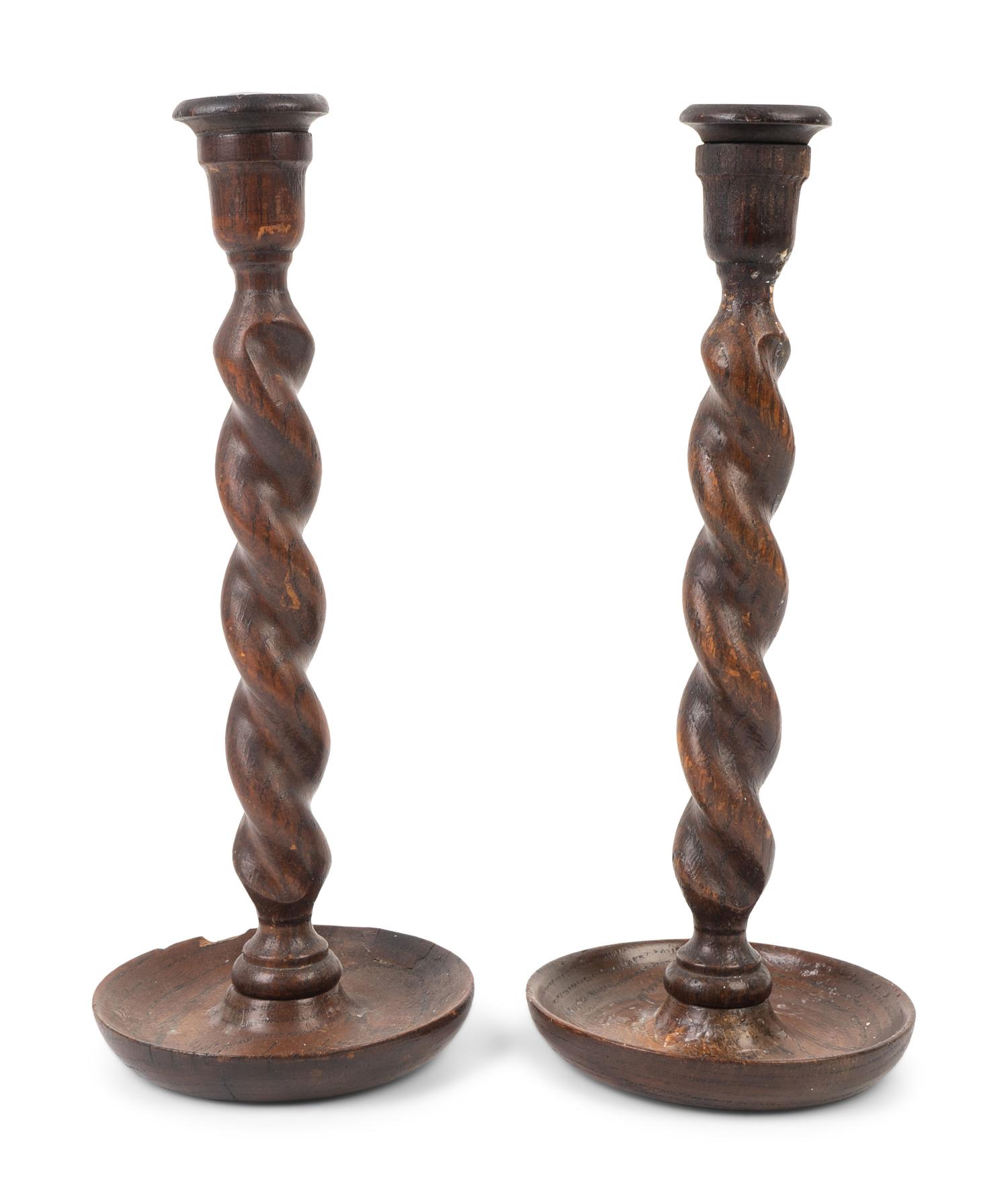 A Pair of English Barley-Twist Turned Oak Candlesticks — 19TH CENTURY