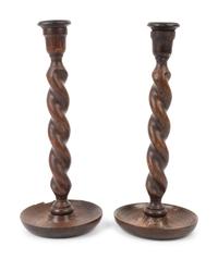 A Pair of English Barley-Twist Turned Oak Candlesticks — 19TH CENTURY