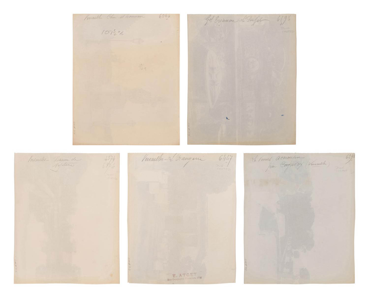 A group of five photographs depicting the grounds of Versailles ( Cours d'Honneur, Versailles , 1901; La Vénus accroupie, par Coysevox (Versailles) , 1902; Versailles - Bassin de Neptune, 1902; Versailles - l'Orangerie, 1903; Grand Trianon - le Buffet , 1906)