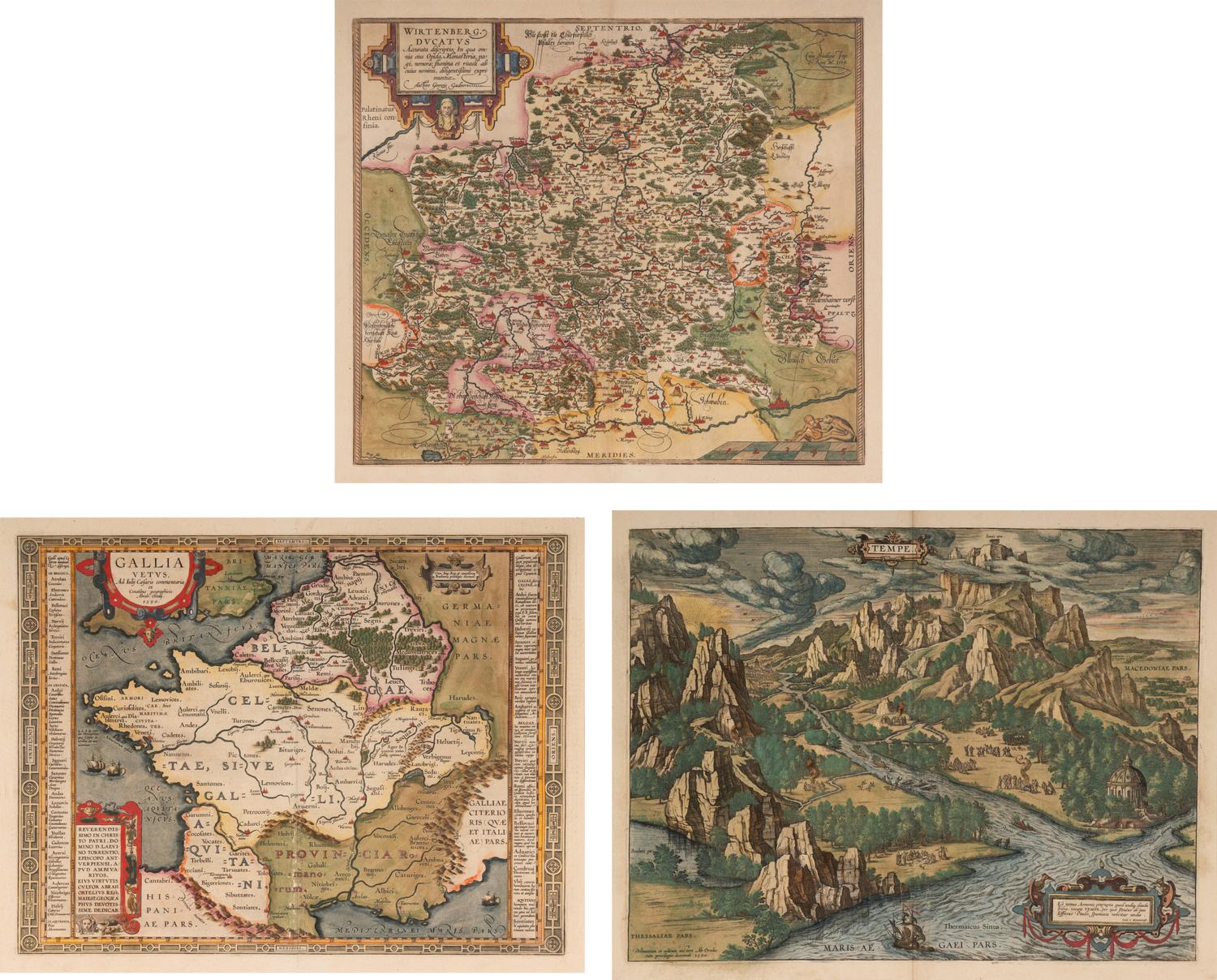 [MAPS]. ORTELIUS, Abraham (1527-1598). A group of 3 engraved maps with hand-coloring, comprising: