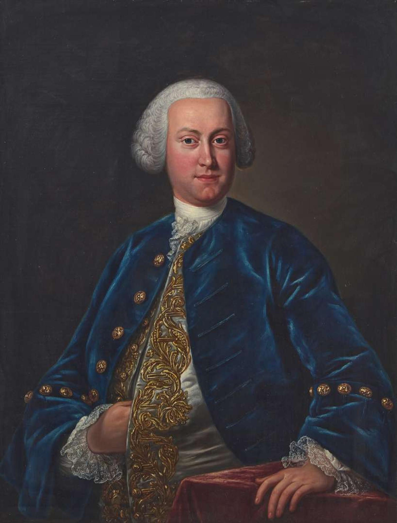 Attributed to John Singleton Copley (American, 1737-1815) - Pair of Portraits of Matthew Howard (1724-1770) in a Blue Jacket and Louise Howard Née Ardesoif (1727-1789) Holding a Rose, Bust-Length (2)