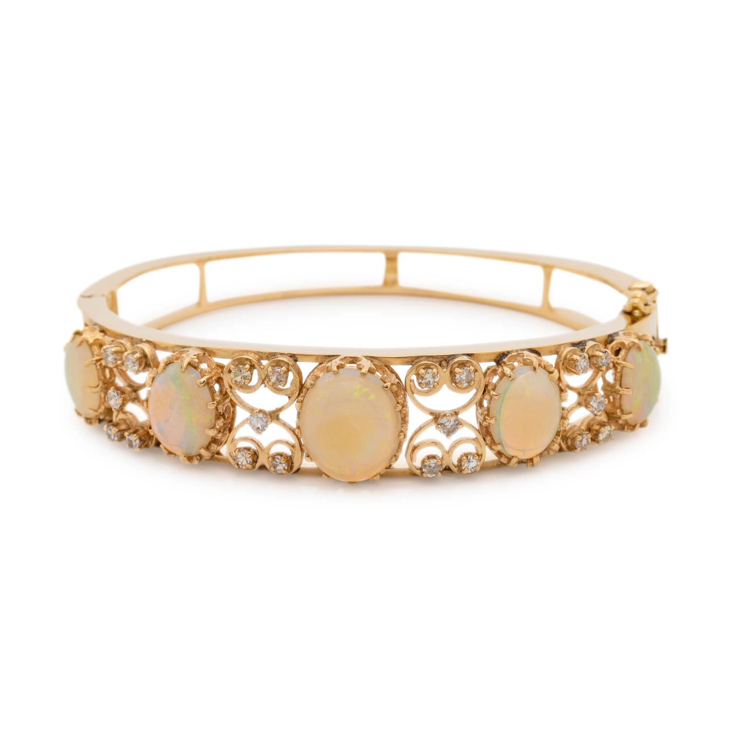 YELLOW GOLD, OPAL AND DIAMOND BANGLE BRACELET