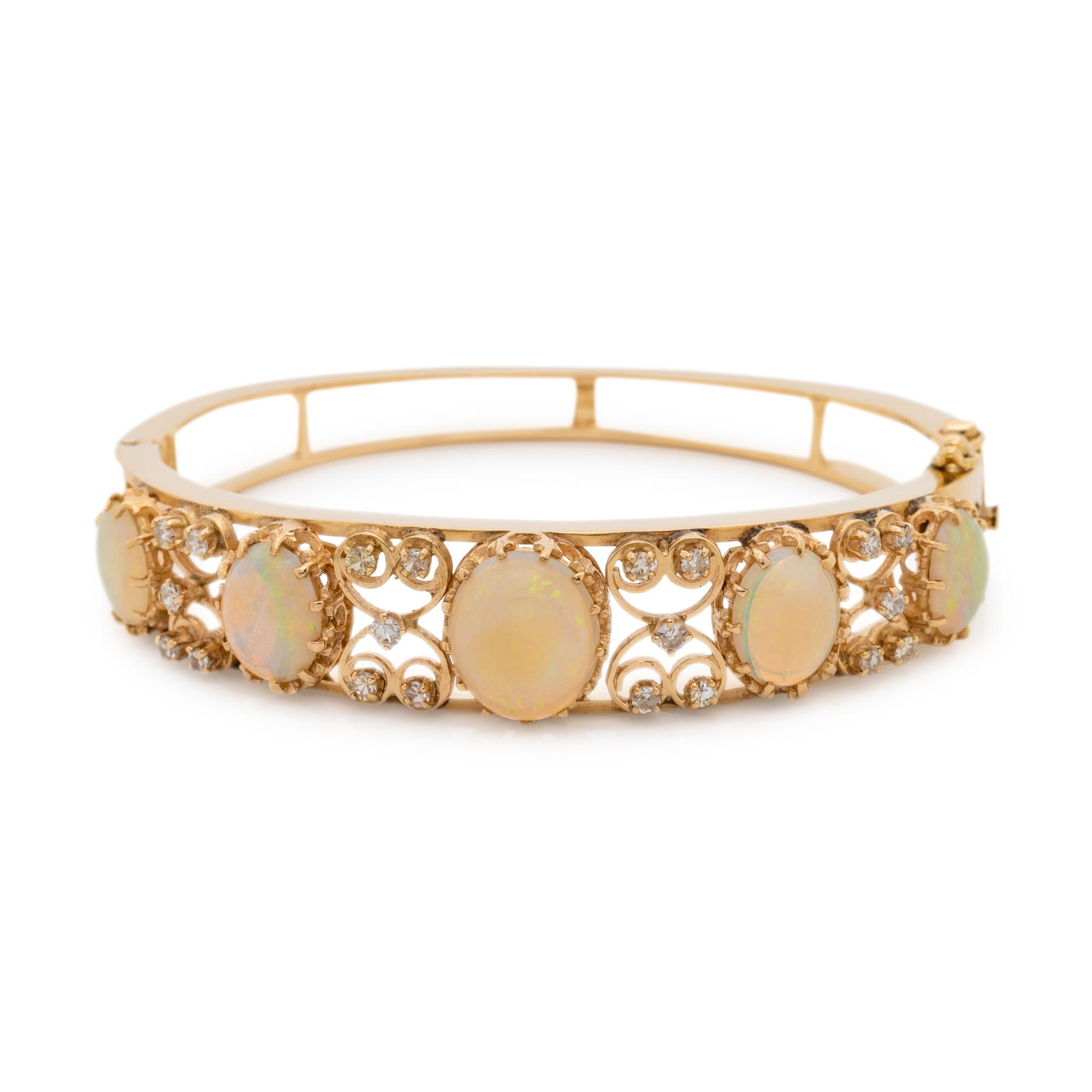 YELLOW GOLD, OPAL AND DIAMOND BANGLE BRACELET
