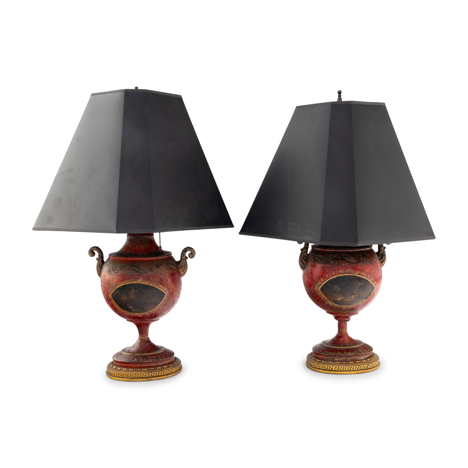 A Pair of Regency Painted Tôle Urns Mounted as Lamps
