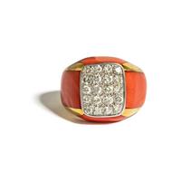YELLOW GOLD, DIAMOND, AND CORAL RING
