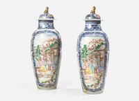A pair of large and finely painted Chinese Export porcelain Famille Rose covered vases, 18th century