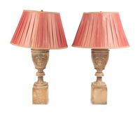 A Pair of Italian Alabaster Urns Mounted as Lamps with Silk Shades