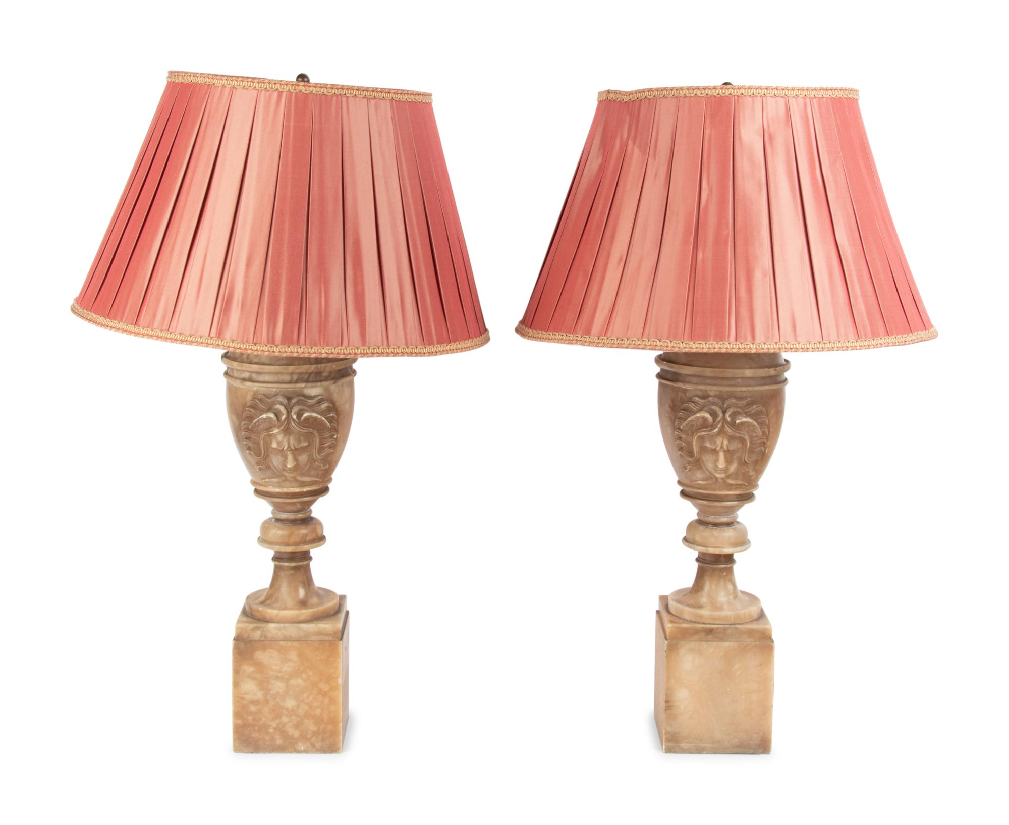A Pair of Italian Alabaster Urns Mounted as Lamps with Silk Shades