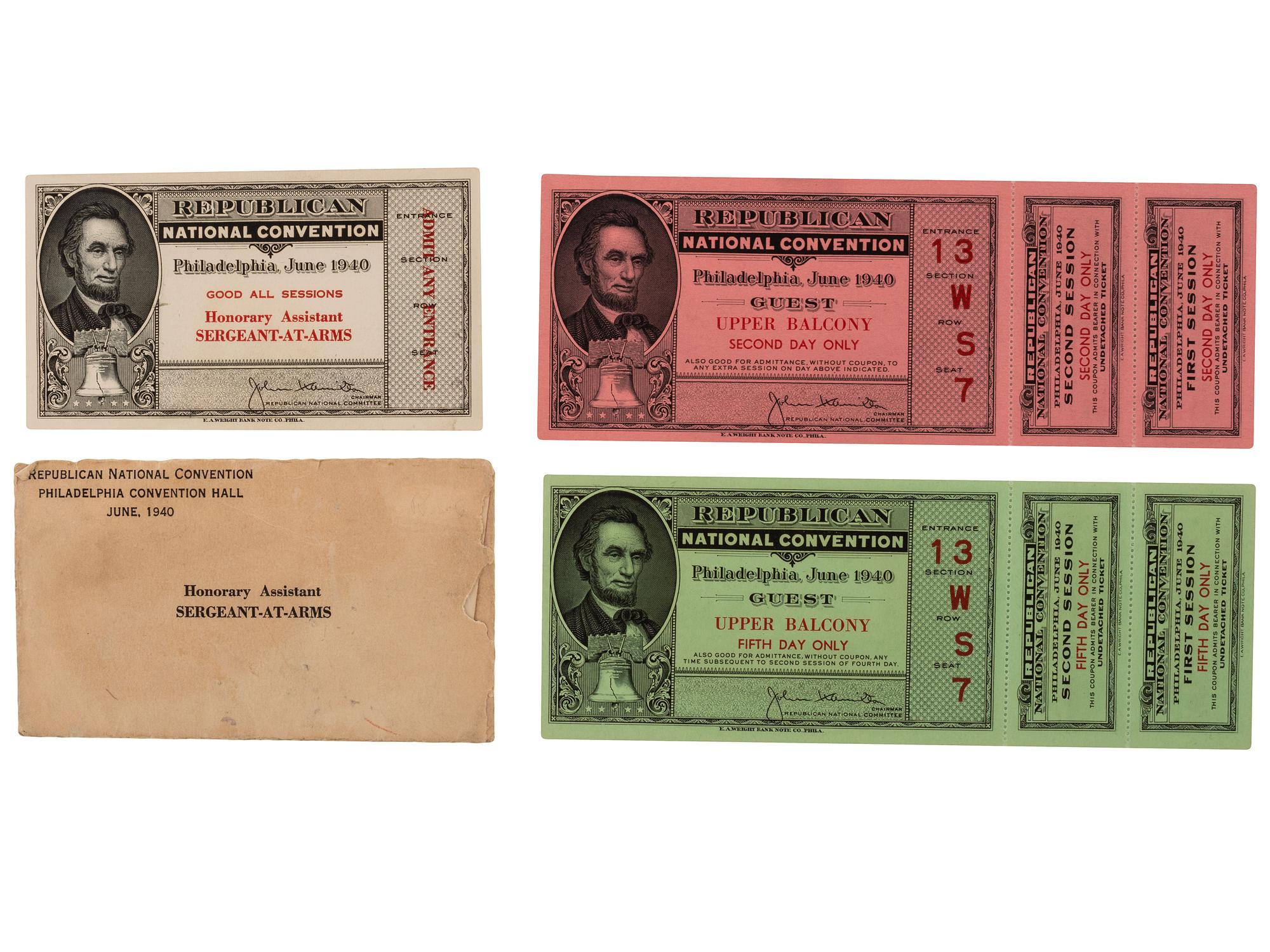 [WILLKIE, Wendell (1892-1944)]. A group of photographs, tickets, publications, sheet music, and other ephemera related Willkie's 1940 presidential nomination and campaign.