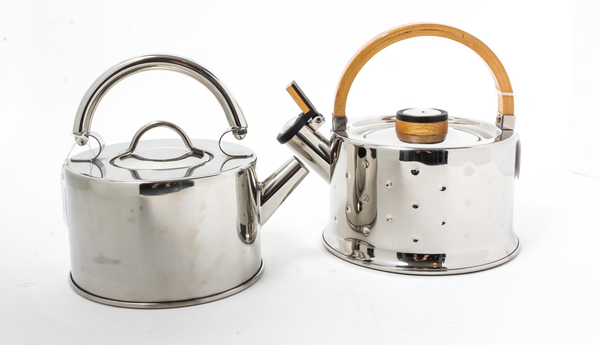 Two Stainless Steel Tea Kettles Height of tallest 9 1/4 inches.