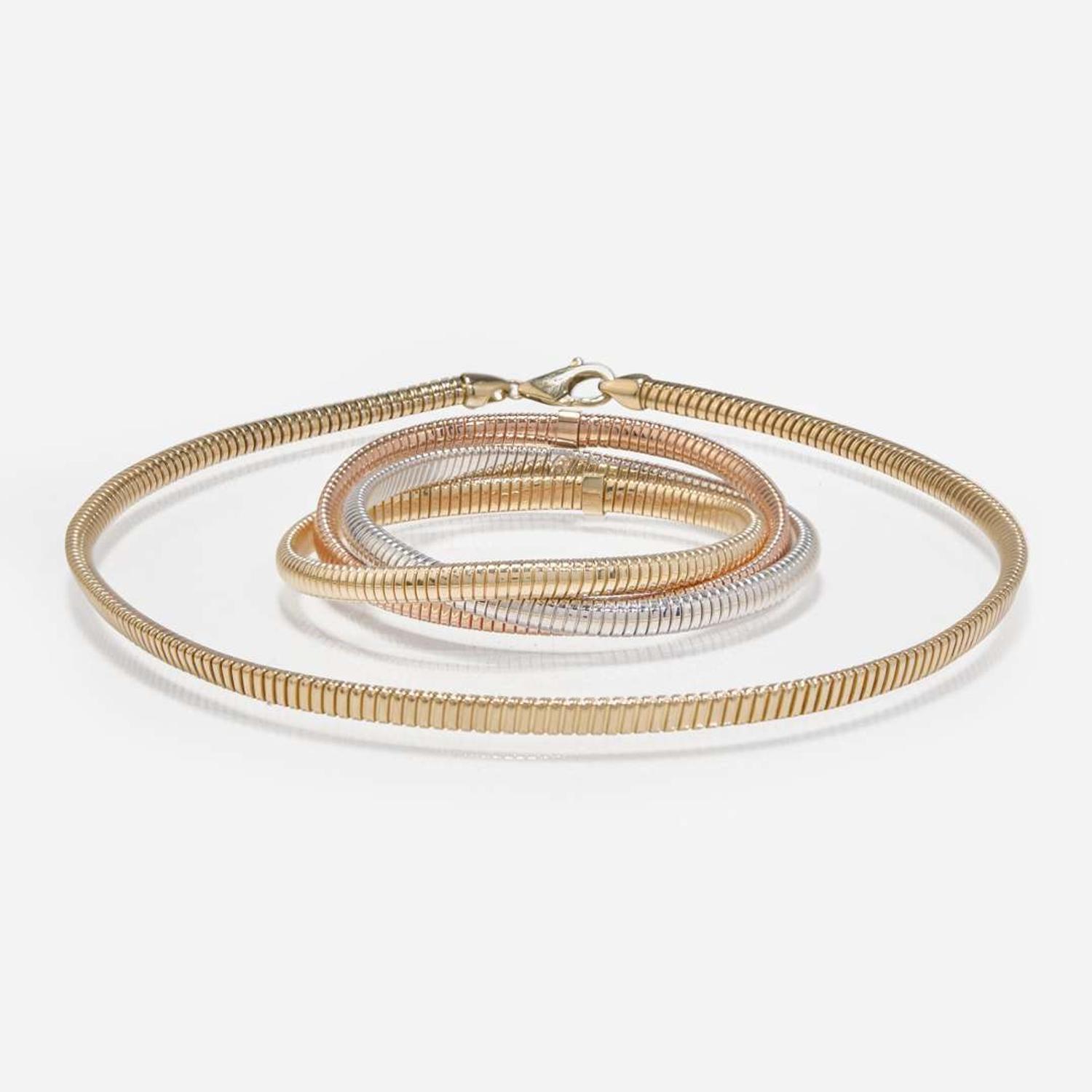 A Matching Set of 14K Gold Flexible Bracelet and Necklace