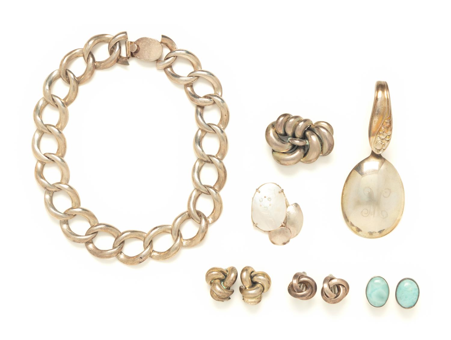 GORHAM BROOCH AND SIX PIECES OF SILVER JEWELRY