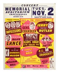 [MUSIC]. Poster promoting The Impressions, Gene Chandler, Jerry Butler, Gladys Knight & The Fabulous Pips, and other musical groups performing at the Memorial Auditorium, Chattanooga, TN. Philadelphia, PA: Posters Inc. 2 November [1965].