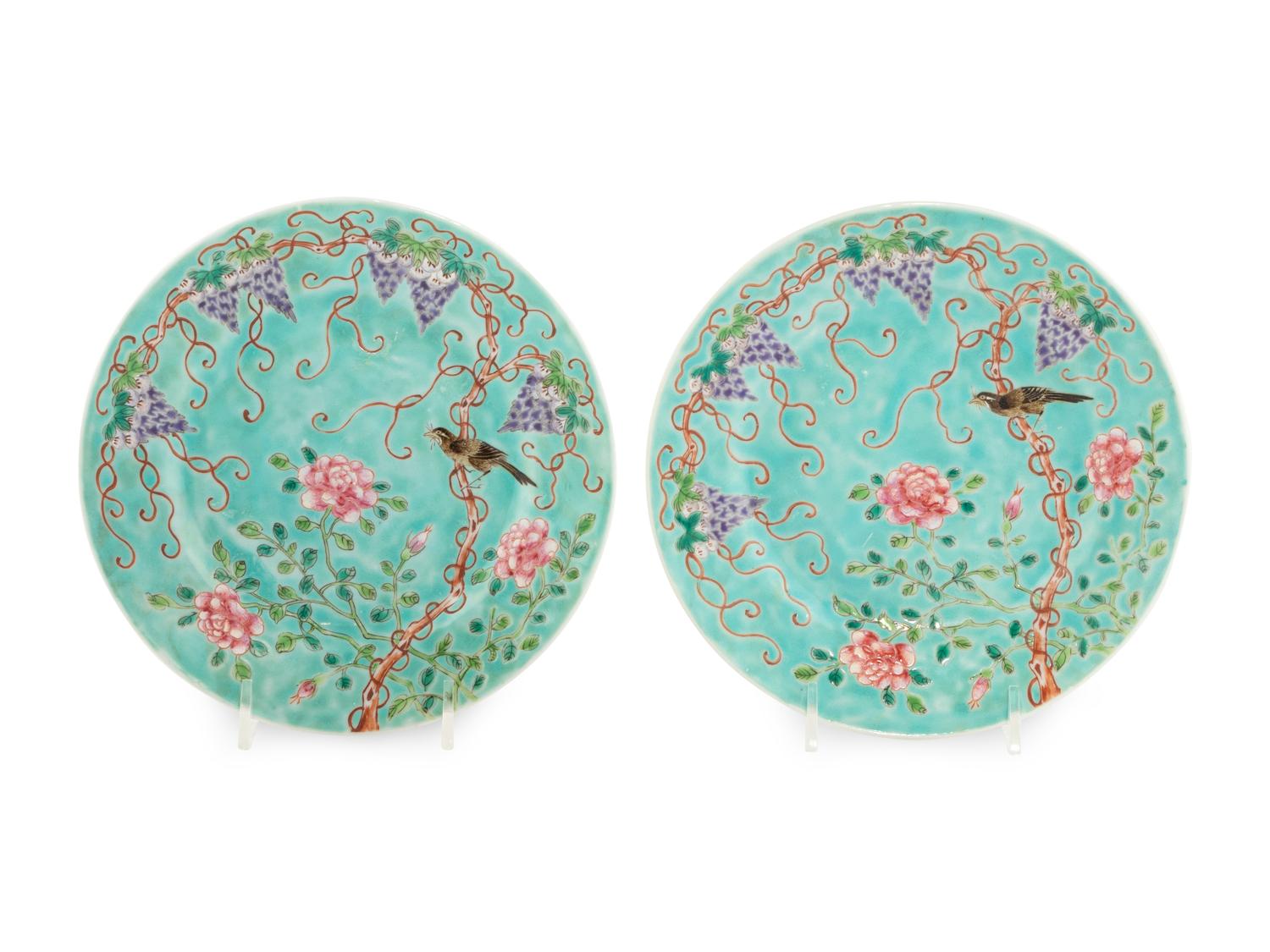 A Pair of Chinese Turquoise Glazed Famille Rose Porcelain Dishes