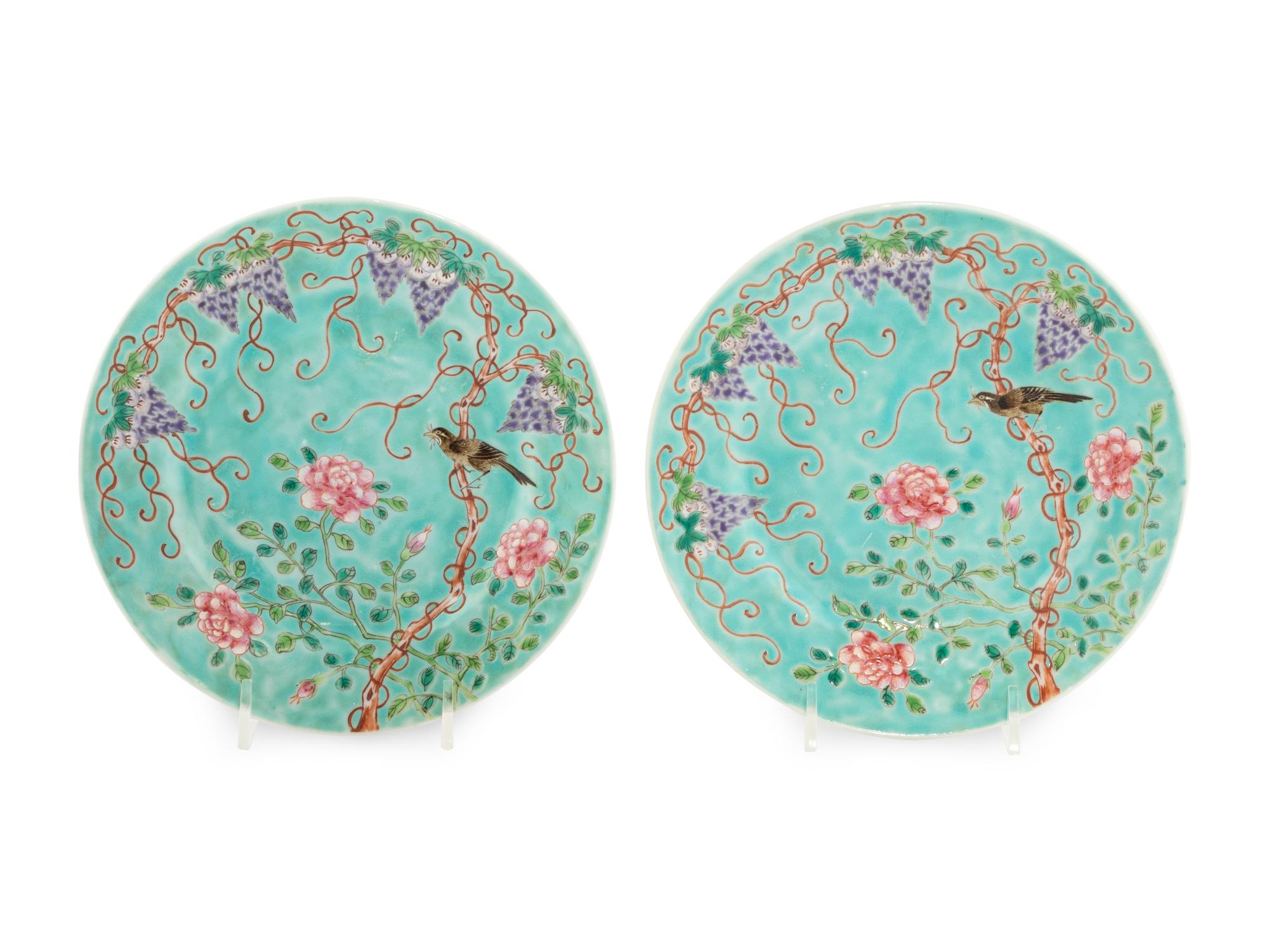 A Pair of Chinese Turquoise Glazed Famille Rose Porcelain Dishes