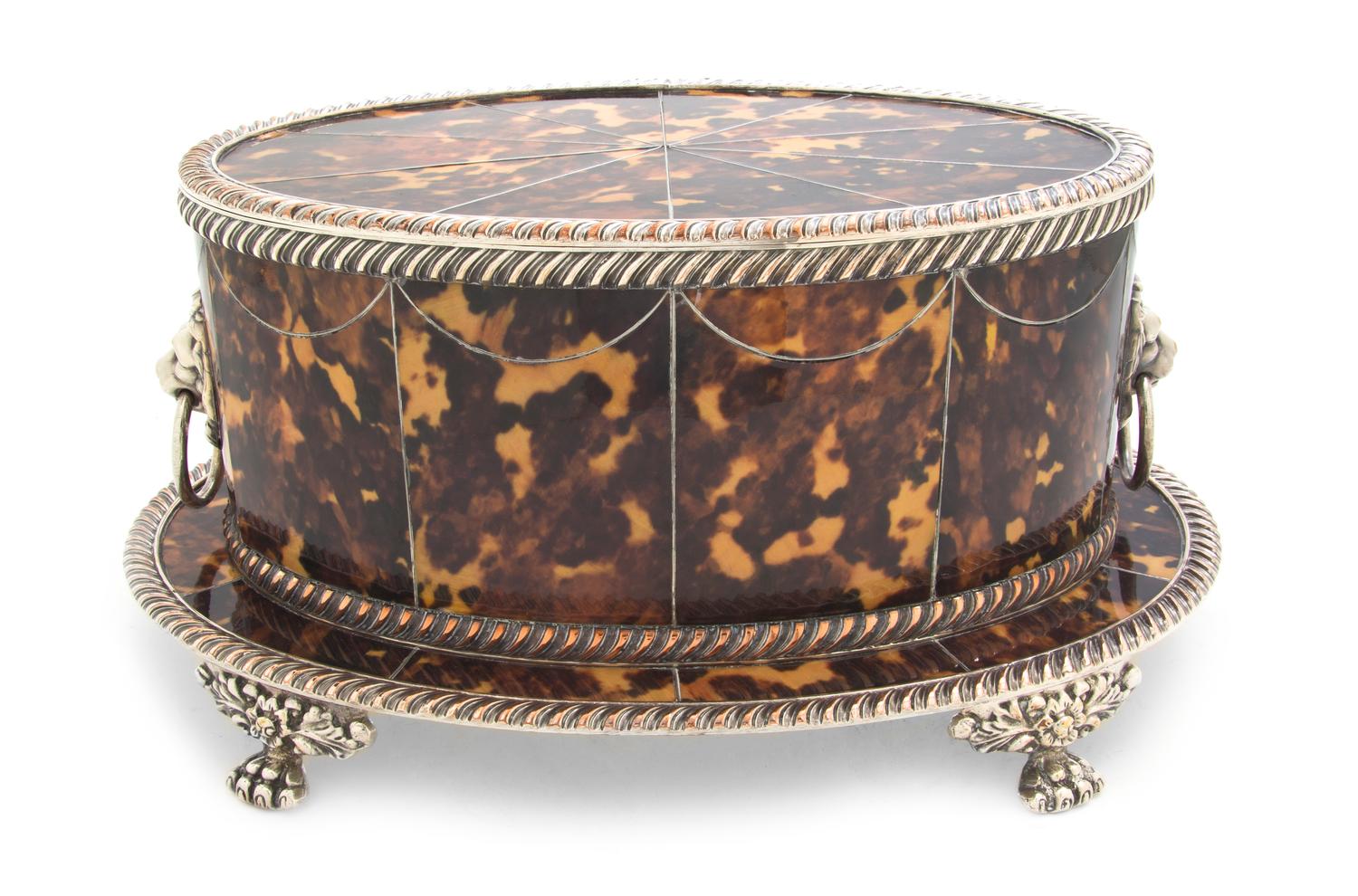 An English Tortoise Shell Inset Silverplate Table Casket, Width 13 7/8 inches.