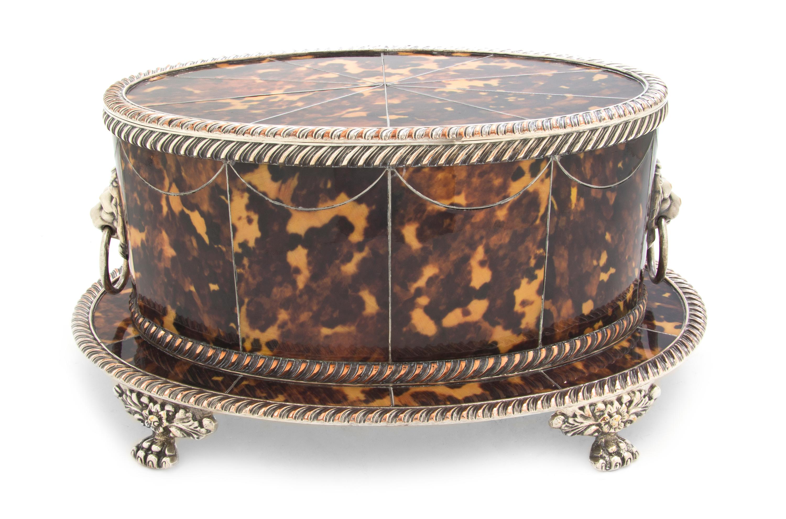 An English Tortoise Shell Inset Silverplate Table Casket, Width 13 7/8 inches.