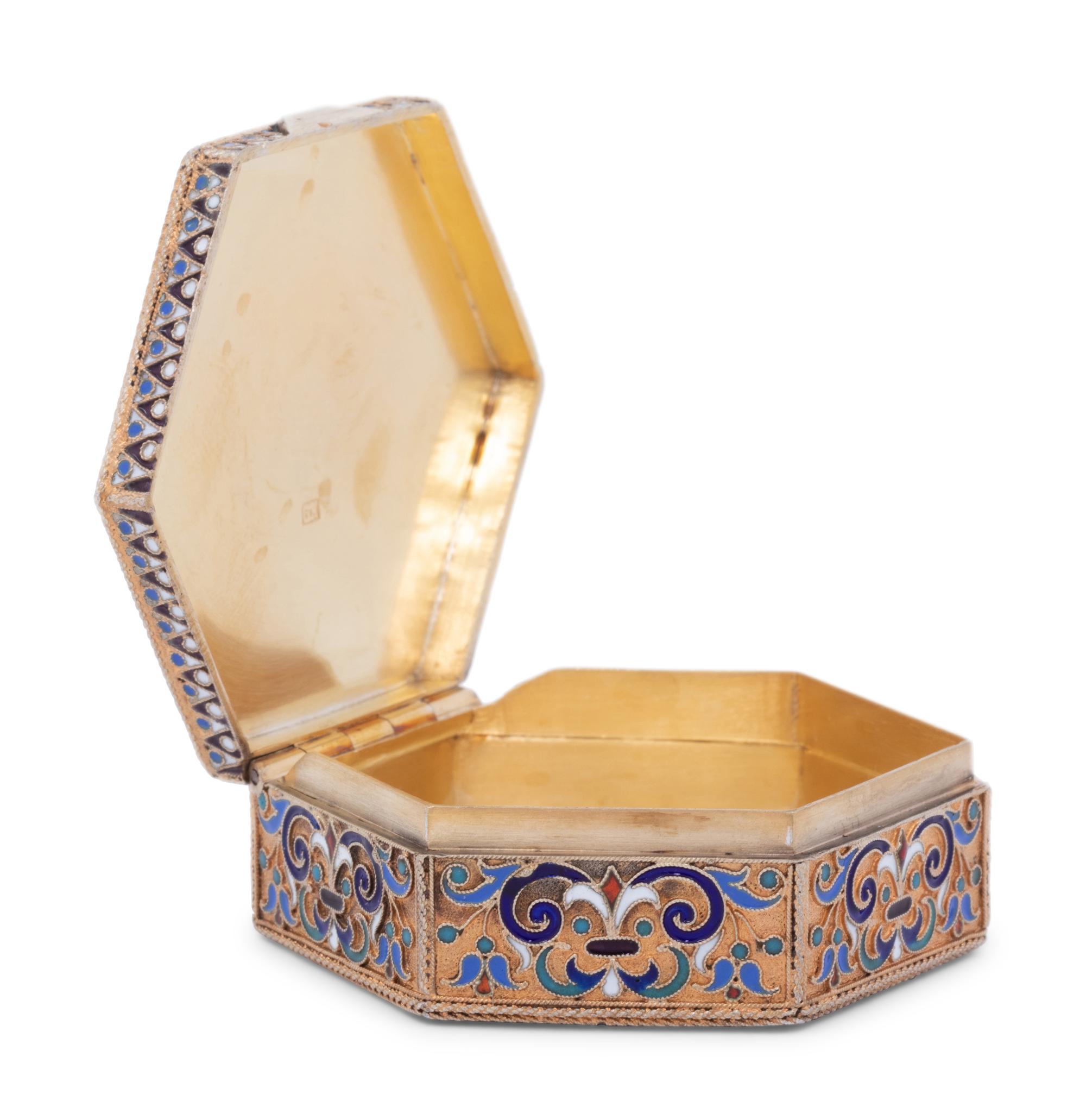 A Russian Enameled Silver-Gilt Hexagonal Snuff Box