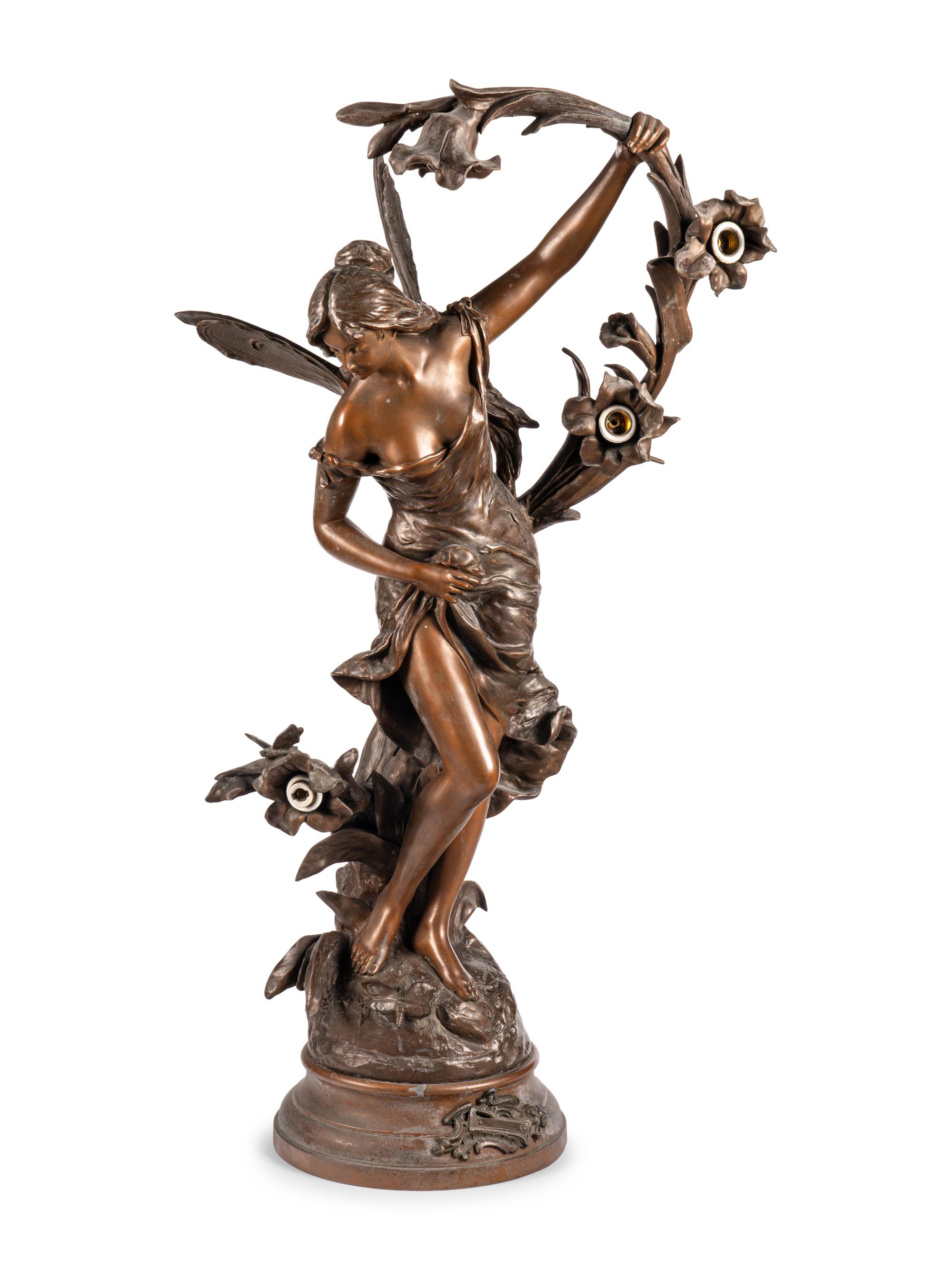 A French Cast Metal Three-Light Newel Post Lamp