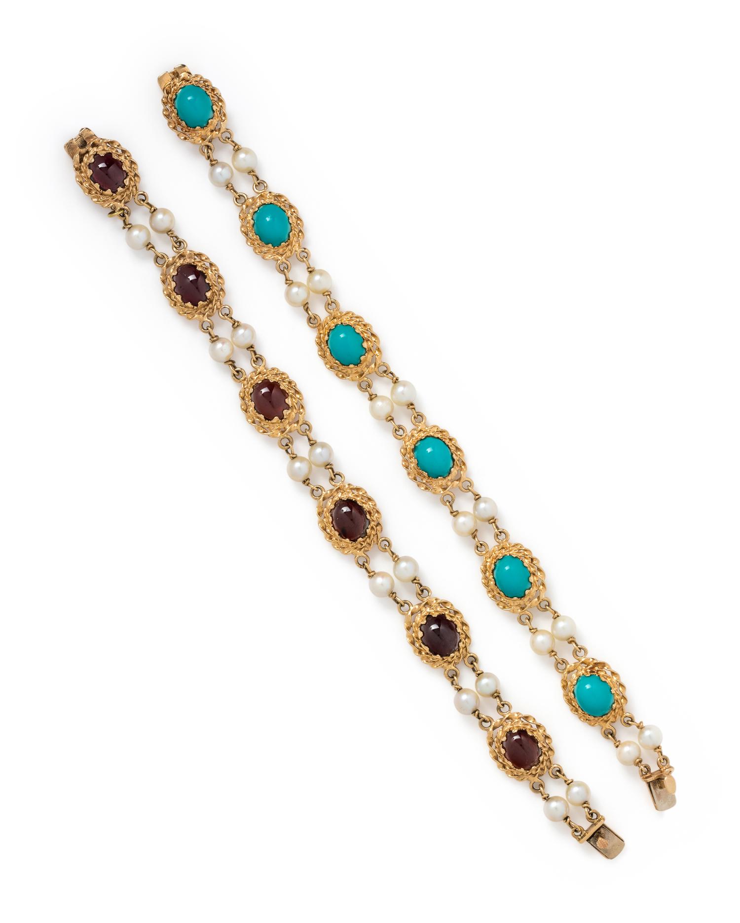 COLLECTION OF YELLOW GOLD, GEMSTONE AND CULTURED PEARL BRACELETS