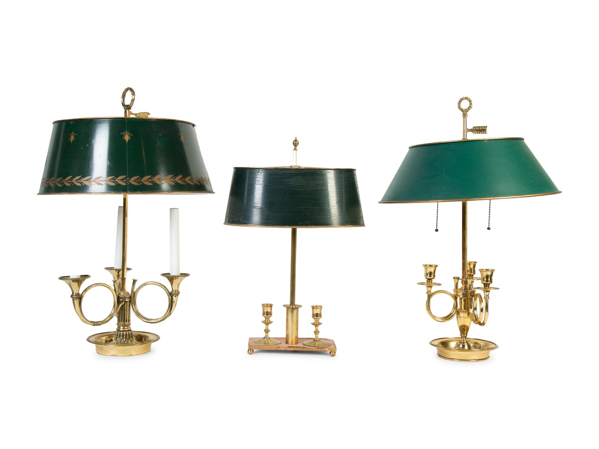 Two French Empire Style Bouillotte Lamps with Tole Shades — 20TH CENTURY