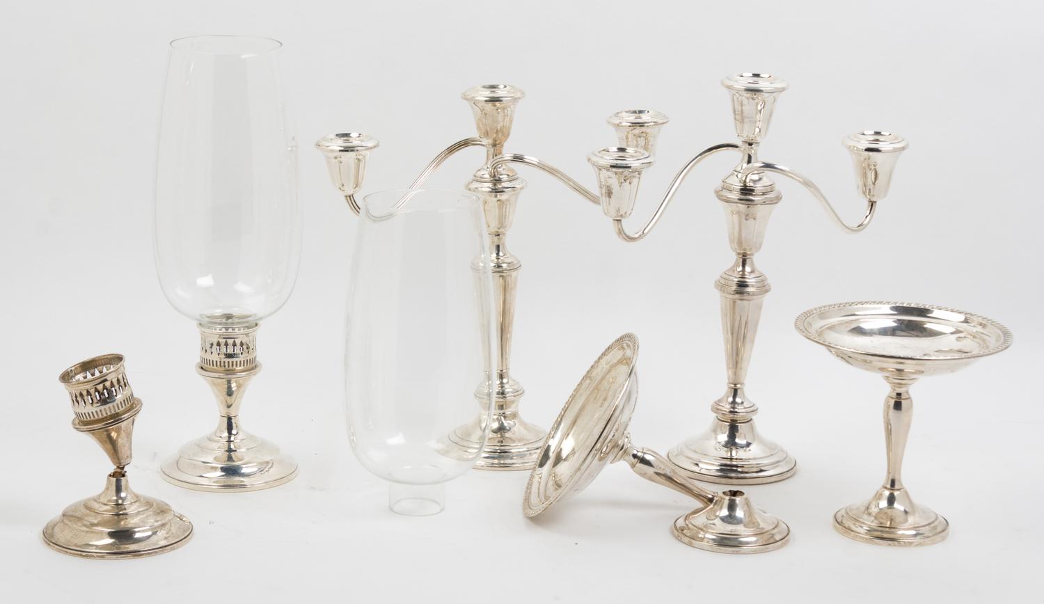 A Collection of American Silver Table Articles, 20TH CENTURY, comprising a pair of Fisher three-light candelabra, a pair of Internation