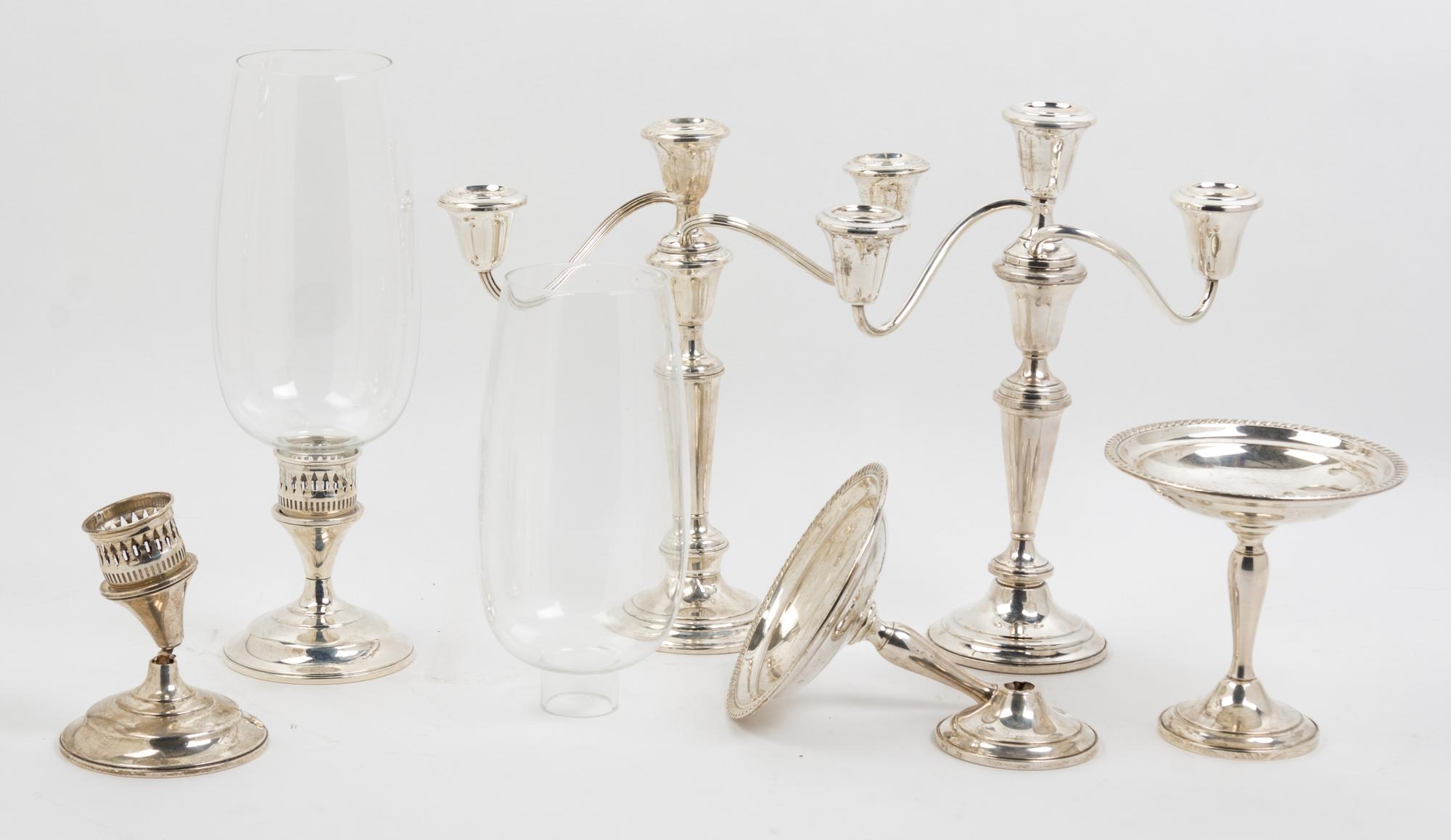 A Collection of American Silver Table Articles, 20TH CENTURY, comprising a pair of Fisher three-light candelabra, a pair of Internation