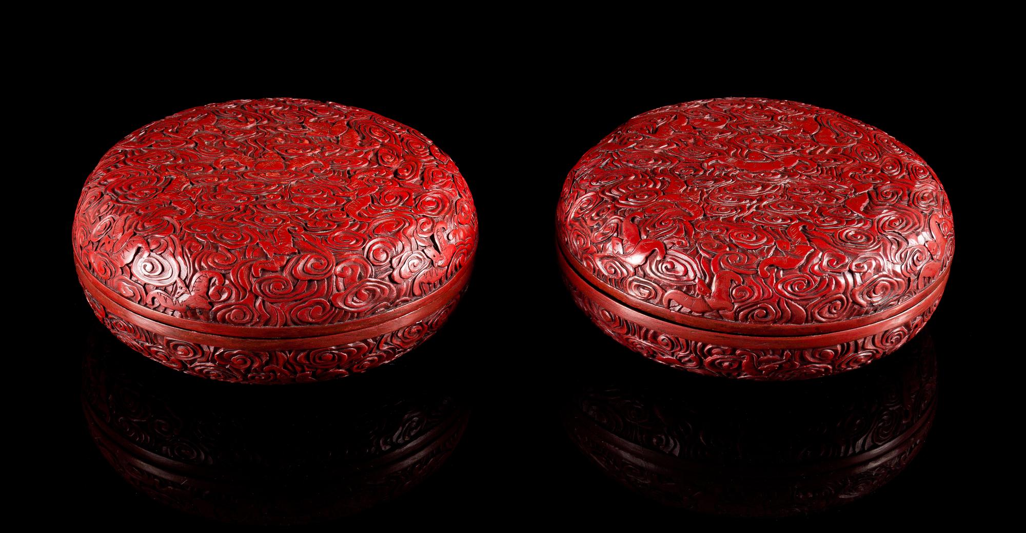 A Pair of Cinnabar Lacquer Covered Boxes Diameter of each 6 1/4 inches.
