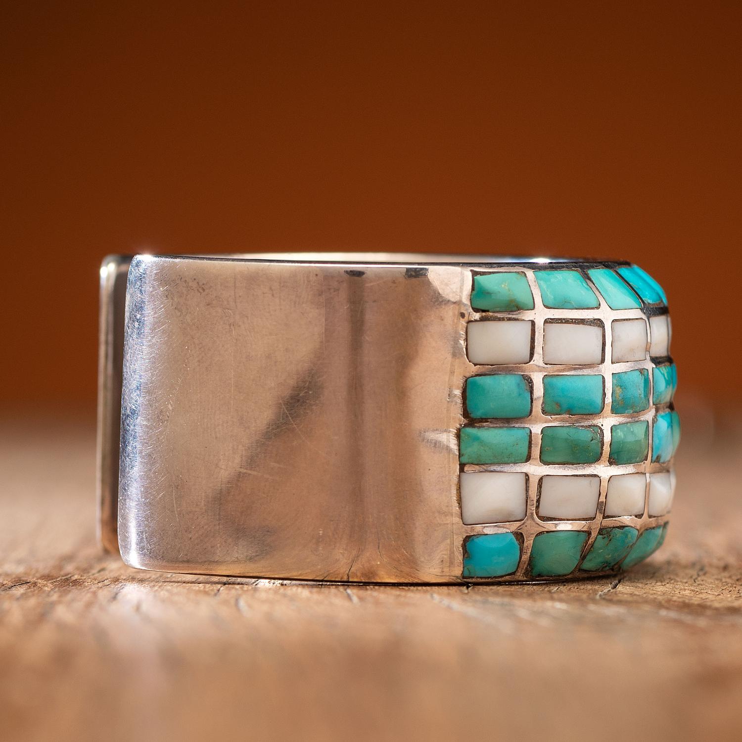 Zuni Silver Cuff Bracelet, with Turquoise and Shell Inlay