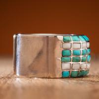 Zuni Silver Cuff Bracelet, with Turquoise and Shell Inlay