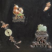 Three Chinese Jade, Hardstone, and Cloisonne-Embellished Screen Panels, 20th Century — 黑漆地嵌寳博古圖屏風三扇