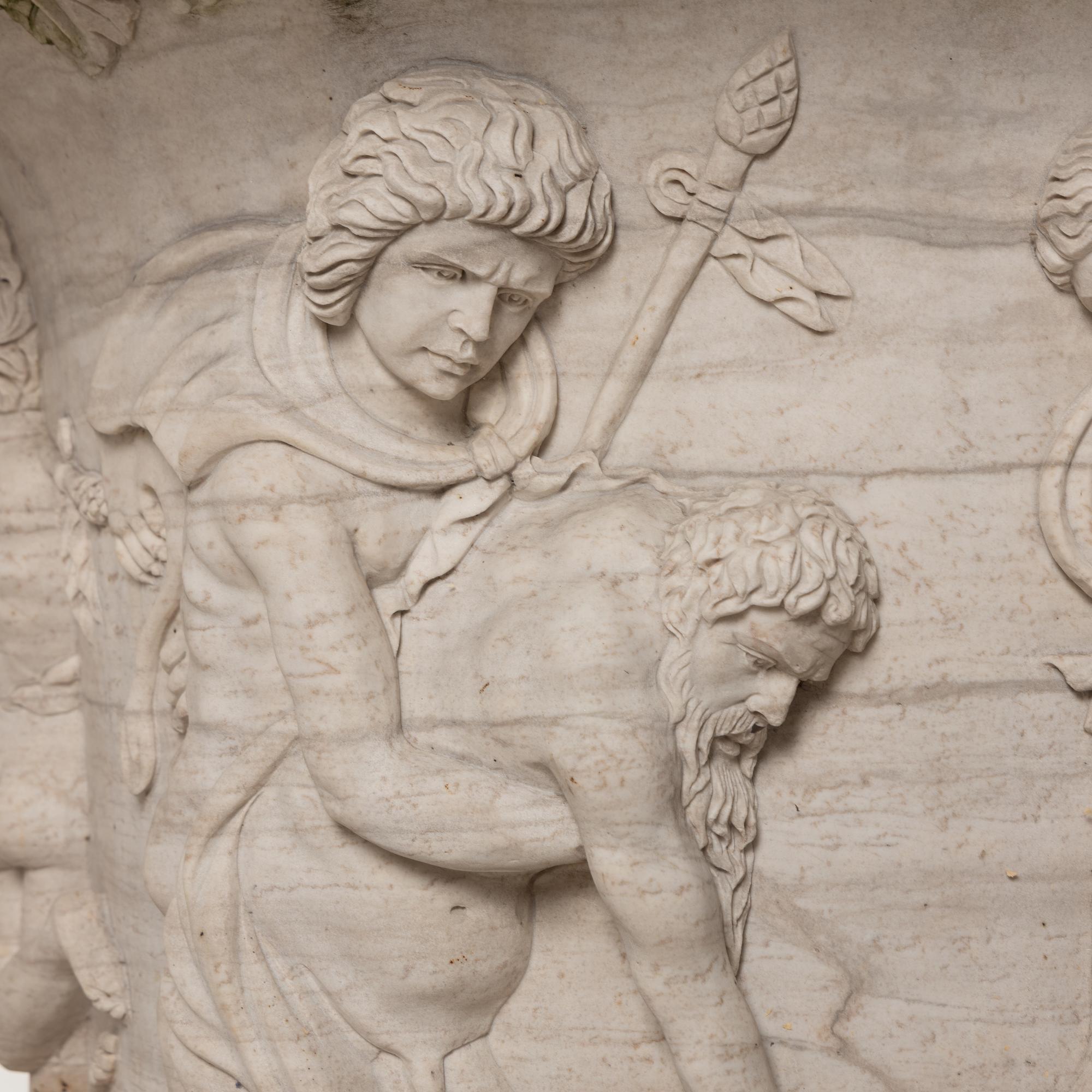 A Monumental Carved Marble Garden Urn and Plinth