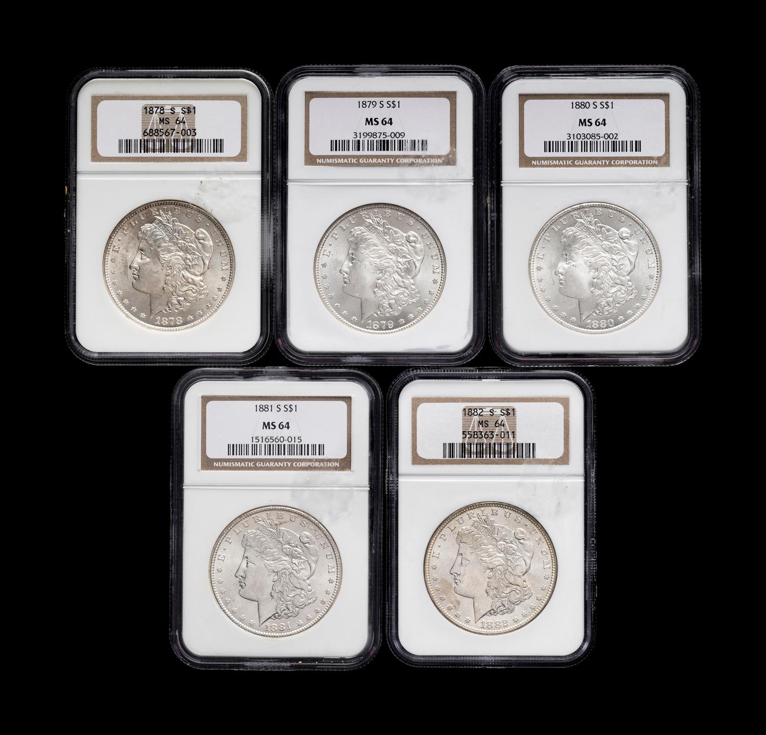 Five Morgan $1 Coins (NGC MS64)