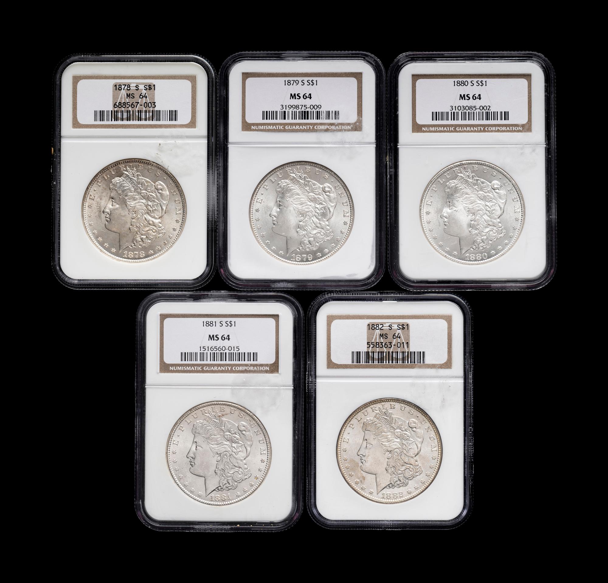 Five Morgan $1 Coins (NGC MS64)